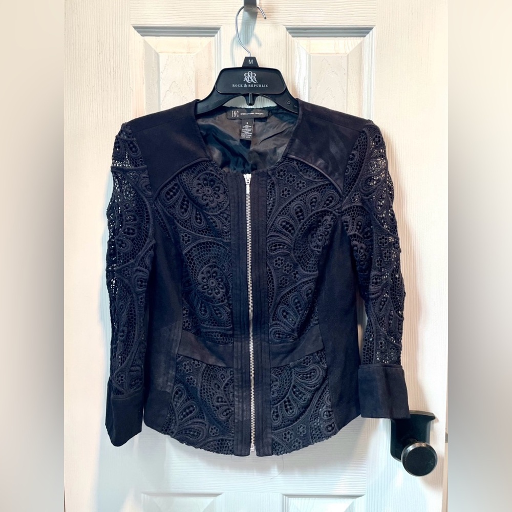 Cute INC International Concepts Black Lace & Suede Zip Front Jacket